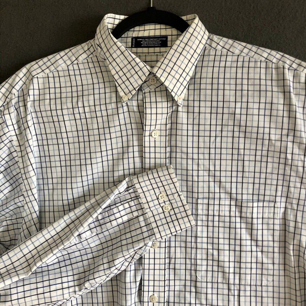 Button Up Dress Shirt Men's Sz L White Long Sleeve Blue Checkered George Western - Picture 1 of 13